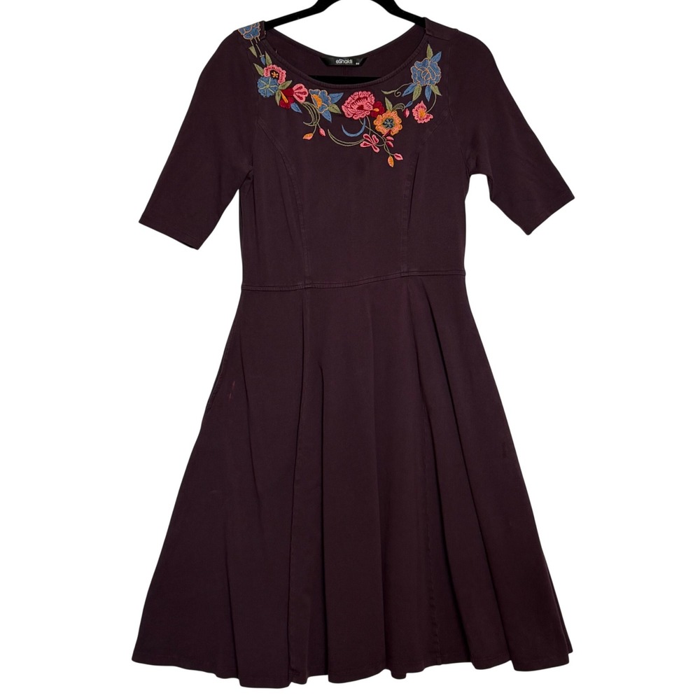 eShakti Embroidered Fit & Flare Dress M-8 Plum Purple Floral Short Sleeve